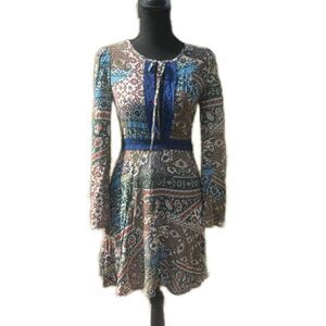 Solemio Bohemian Long Sleeve Embroidered Floral Print Mini Dress Size Small New